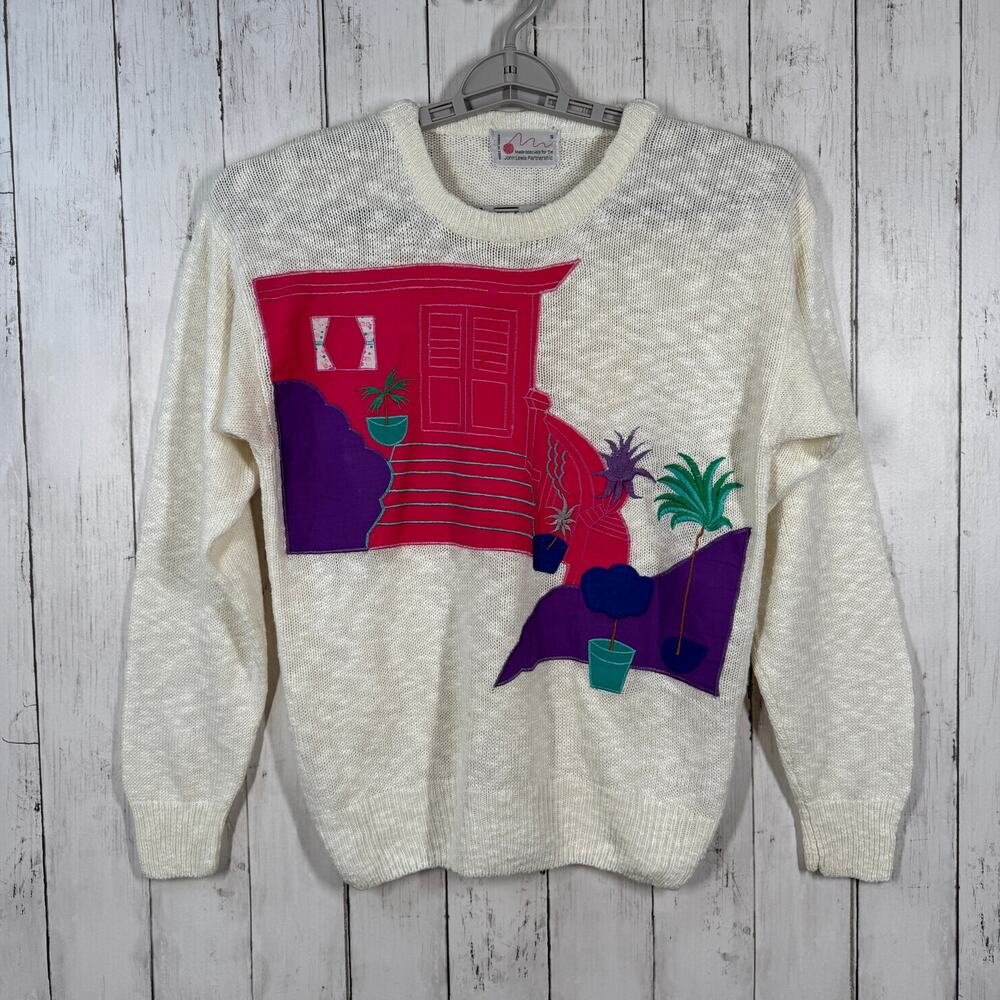 VTG John Lewis Partnership Pink Purple Embroidered 80s 90s Sweater Size Small
